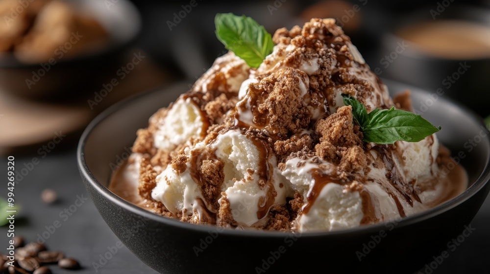 A delectable ice cream dessert topped with chocolate crumbles and mint leaves, perfect for sweet tooth cravings. A visually appealing treat with rich textures and flavors. A delectable ice cream dessert topped with chocolate crumbles and mint leaves, perfect for sweet tooth cravings. A visually appealing treat with rich textures and flavors.