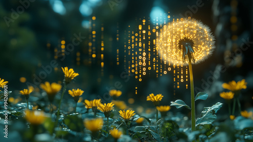 Dandelion with digital binary code, nature meets technology concept #994269901