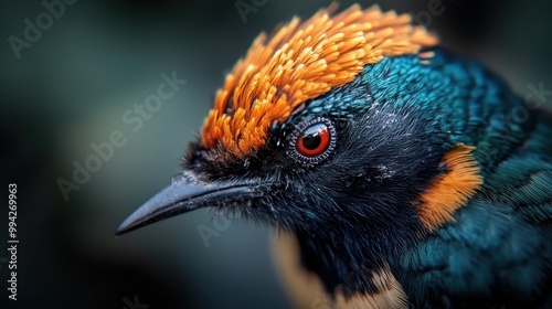 A very detailed close-up of a bird with striking and vivid colors, focusing on the sharp eye and intricate feathers, representing brilliance and natural beauty. photo