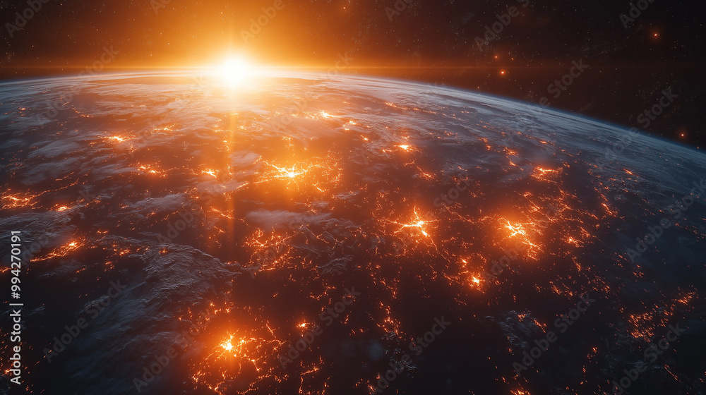 A planet with a bright orange sun in the sky A planet with a bright orange sun in the sky