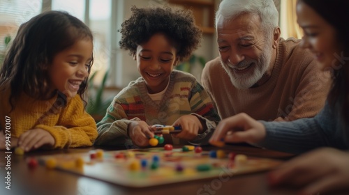 Grandfather plays board games with grandchildren. Holidays, vacations, family leisure.