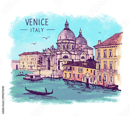 Architecture sketch illustration. An urban colorful landscape canal, gondola, gondolier in Venice, Italy. Freehand watercolor digital drawing. Hand drawn travel postcard. Banner, poster design. Vector