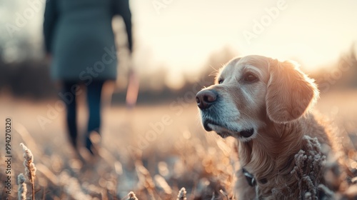 A golden retriever intently watches a person walk away on a frost-covered field during sunrise. The serene moment depicts loyalty, companionship, and early morning's peace. photo