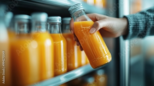 A close-up of a hand reaching for an orange juice bottle on a refrigerated shelf, capturing the action of selecting a refreshing drink in a cool and modern setting.