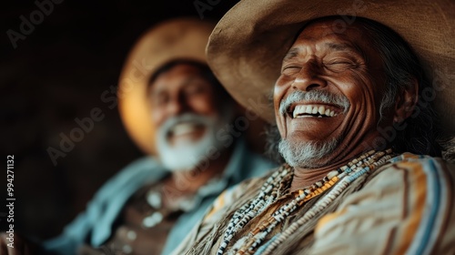 In a warmly lit setting, two men wearing hats engage in a conversation. One man wears a beaded necklace, giving a sense of traditional and rich cultural background. photo