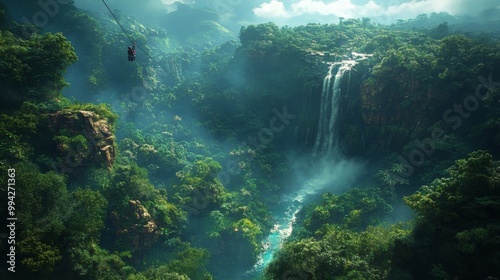 Aerial View of a Waterfall and Jungle Canopy in a Lush Tropical Rainforest