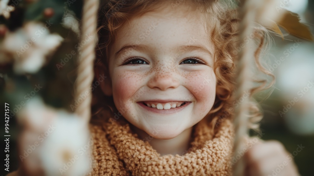 A cheerful young girl with freckles is pictured on a swing, enveloped by the lush natural beauty of flowers, conveying childhood joy and simplicity. A cheerful young girl with freckles is pictured on a swing, enveloped by the lush natural beauty of flowers, conveying childhood joy and simplicity.