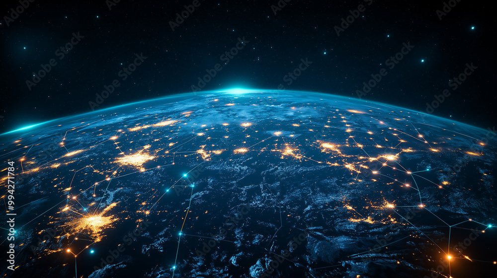 A blue and white planet with a bright light shining on it A blue and white planet with a bright light shining on it