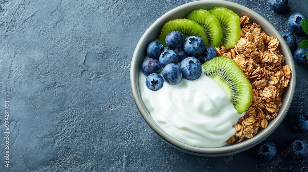 A delightful yogurt bowl filled with crunchy granola, fresh blueberries, and kiwi slices, providing a perfect blend of flavors and textures for a healthy morning meal. A delightful yogurt bowl filled with crunchy granola, fresh blueberries, and kiwi slices, providing a perfect blend of flavors and textures for a healthy morning meal.