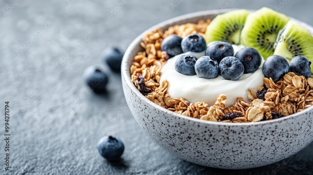 A close-up shot of a granola and yogurt bowl decorated with fresh blueberries and kiwi slices, highlighting the texture and colors of a healthy, delicious breakfast choice. A close-up shot of a granola and yogurt bowl decorated with fresh blueberries and kiwi slices, highlighting the texture and colors of a healthy, delicious breakfast choice.