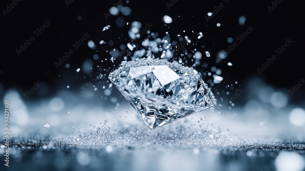 A close-up of a diamond shattering into numerous sparkling fragments, captured in mid-air with a dark background, symbolizing fragility and beauty of precious things. A close-up of a diamond shattering into numerous sparkling fragments, captured in mid-air with a dark background, symbolizing fragility and beauty of precious things.