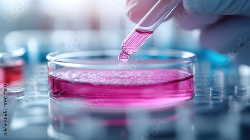 A close-up view of a scientist using a dropper to introduce a pink liquid into a petri dish, highlighting precision and meticulousness in a clinical laboratory setting.