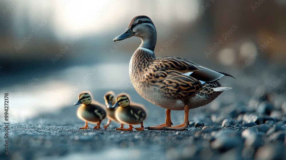 This image features a mother duck with her ducklings walking on a path covered in pebbles near a water body, capturing a tender moment in nature's calm and serene environment. This image features a mother duck with her ducklings walking on a path covered in pebbles near a water body, capturing a tender moment in nature's calm and serene environment.