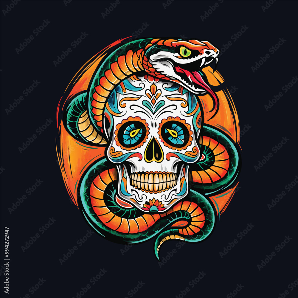 A Skull Twisted by A Cobra Snake multicolor Old School tattoo, pencil sketch illustration A Skull Twisted by A Cobra Snake multicolor Old School tattoo, pencil sketch illustration