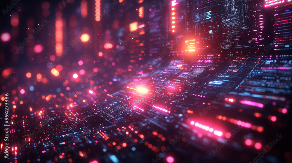 Fototapeta premium A computer generated image of a cityscape with bright lights and neon colors