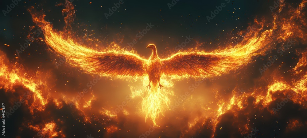 An illustration of a phoenix rising from the ashes, with its wings ...