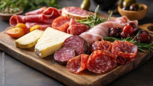 Charcuterie board is laden with a variety of cured meats, cheeses, and garnishes, creating an enticing and appetizing spread