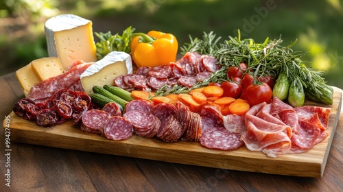 Charcuterie board is laden with an assortment of cured meats, cheeses, and fresh vegetables, creating an enticing and appetizing spread