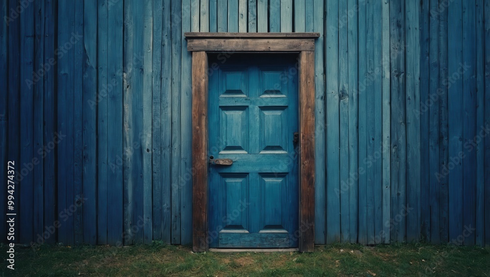 Old weathered blue door with small window set in front of wooden wall Old weathered blue door with small window set in front of wooden wall