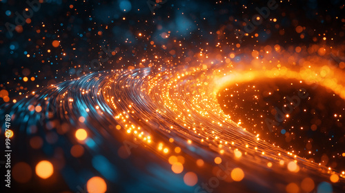 The image is a colorful, abstract representation of a spiral with bright orange