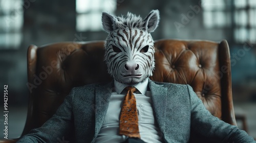 A figure dressed smartly in a suit, complemented by an orange tie, sits on a brown leather chair while wearing a detailed zebra mask, surrounded by an industrial backdrop. photo