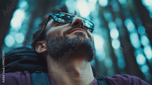 A person is seen from a low angle in a forest, gazing upwards with a soft background bokeh, wearing a backpack, portraying an adventurous spirit and connection with nature. photo