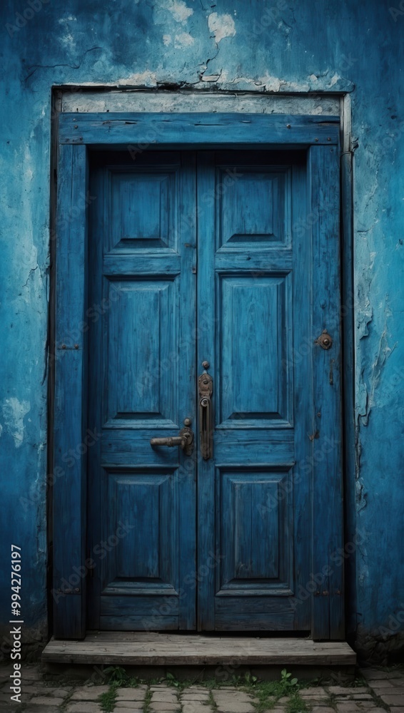 Closed blue wooden door set into faded blue walls, showing signs of age and wear Closed blue wooden door set into faded blue walls, showing signs of age and wear