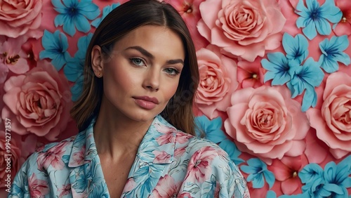 Beautiful Caucasian Woman Posing with pink flowers
