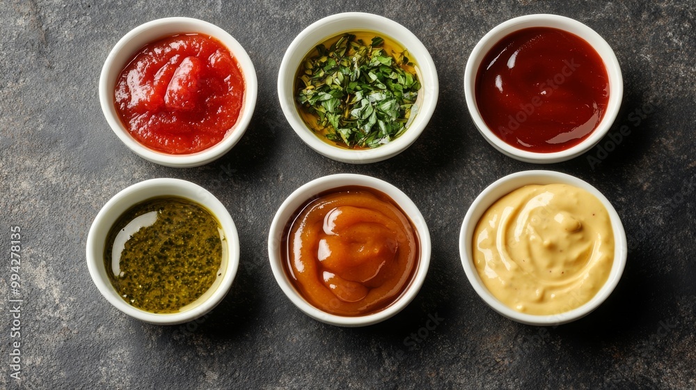 Set of various sauces. Popular sauces in bowls - ketchup, mustard, mayonnaise on dark stone table. Top view with copy space. Flat lay Set of various sauces. Popular sauces in bowls - ketchup, mustard, mayonnaise on dark stone table. Top view with copy space. Flat lay