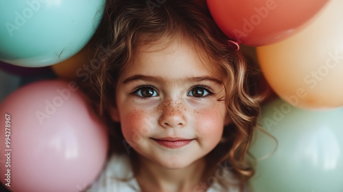 A joyful child with a radiant smile is enveloped by vibrant balloons, embodying the essence of happiness, innocence, and a carefree childhood moment. photo