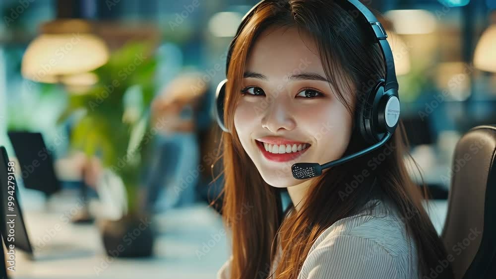A young woman wearing a headset smiles while working in an office