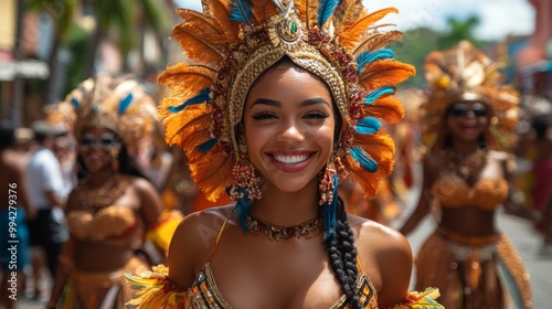 A Woman in a Carnival Costume Smiles for the Camera