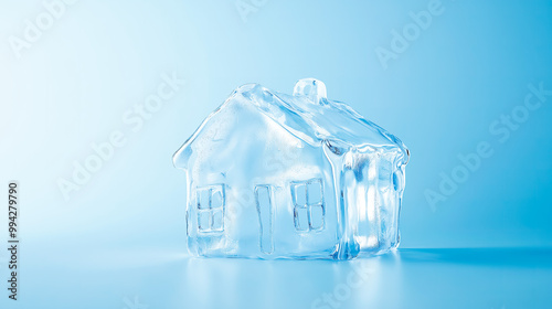 Melting ice sculpture of a house on a pale blue background, symbolizing the erosion of financial security and stability in a fragile economy.