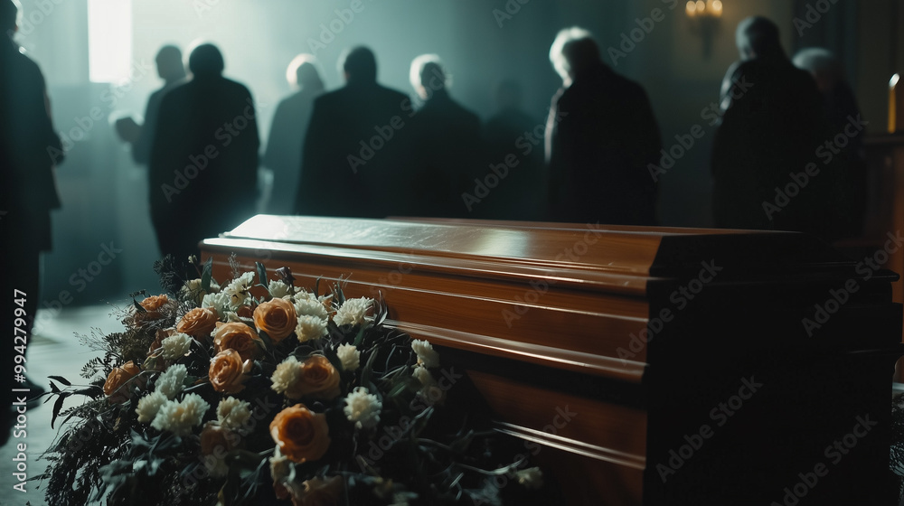 Grieving people around an elegant wooden coffin with flowers in a dimly