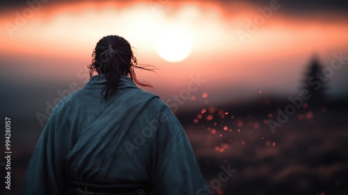 A samurai stands facing a dramatic sunset, with a pagoda-style temple silhouette in the background, capturing the essence of ancient Japanese culture and tranquility.