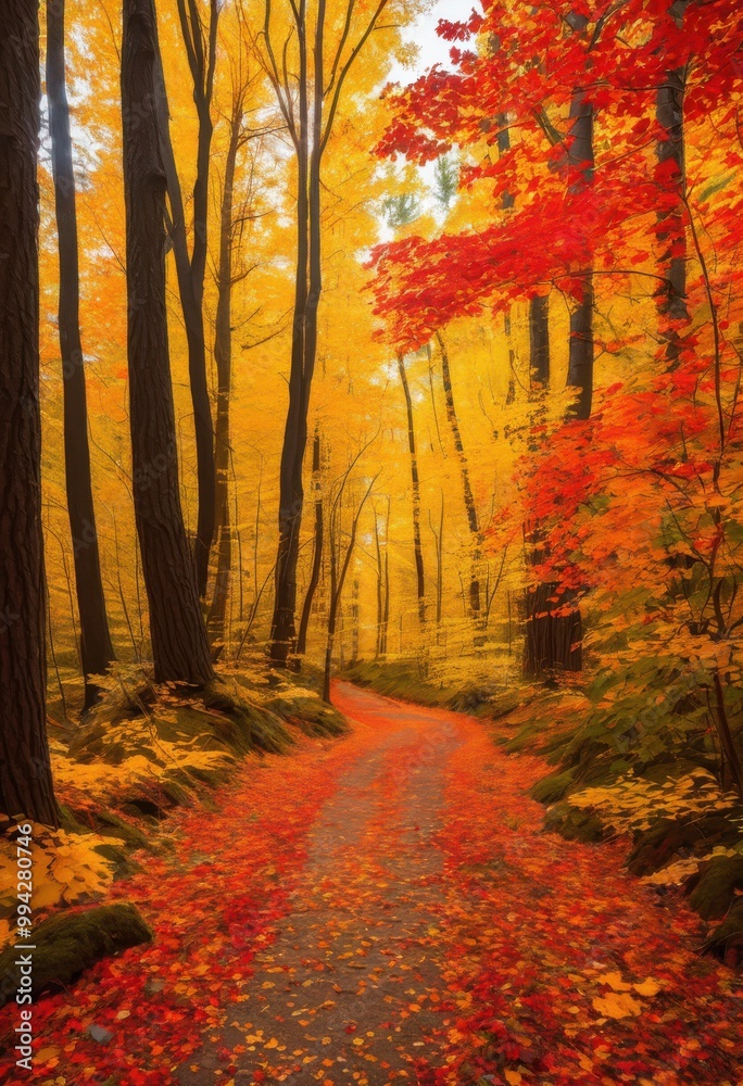 Fototapeta premium vibrant leaves blanketing forest trail rich fall colors how create stunning landscape during autumn, nature, foliage, scenic, path, woodland, trees, sunlight