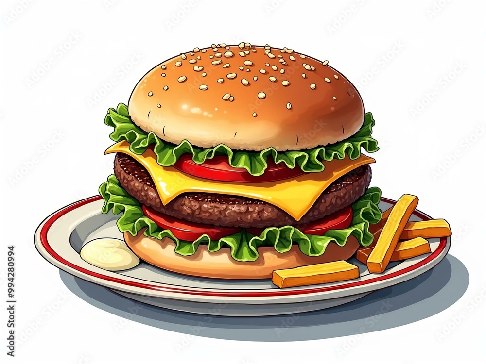 Cartoon Illustration of Delicious Food on a Plate, Yummy Food Concept, white background, beef hamburger Cartoon Illustration of Delicious Food on a Plate, Yummy Food Concept, white background, beef hamburger