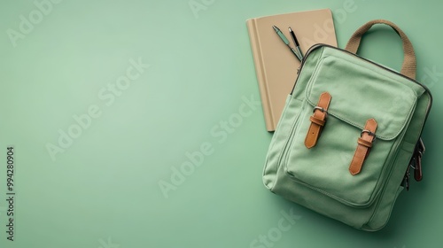 A stylish mint green backpack resting next to a notebook and pen on a soft green background, ideal for study or travel, background with copy space