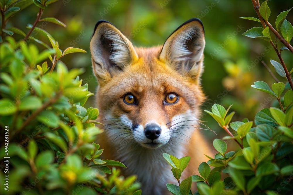 Red fox peeking out from behind bush Red fox peeking out from behind bush