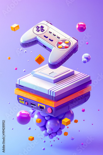 Abstract flying video game console and controller in the air. Purple background.