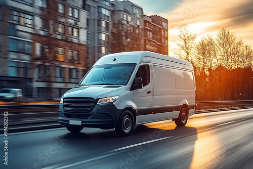 White modern delivery small shipment cargo courier van moving fast on motorway road to city