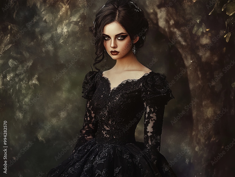 Enchanting Gothic Princess: Captivating Black Lace Gown with Intricate Embroideries - Perfect for Sporty Interior Posters that Celebrate Elegance and Mystery! Enchanting Gothic Princess: Captivating Black Lace Gown with Intricate Embroideries - Perfect for Sporty Interior Posters that Celebrate Elegance and Mystery!
