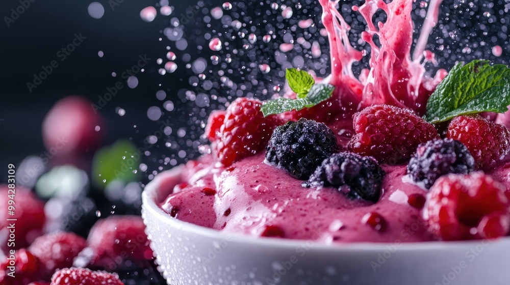 With a burst of energy, a fresh berry smoothie splashes into a white bowl, garnished with assorted berries and mint leaves, showcasing a refreshing, vibrant culinary creation. With a burst of energy, a fresh berry smoothie splashes into a white bowl, garnished with assorted berries and mint leaves, showcasing a refreshing, vibrant culinary creation.