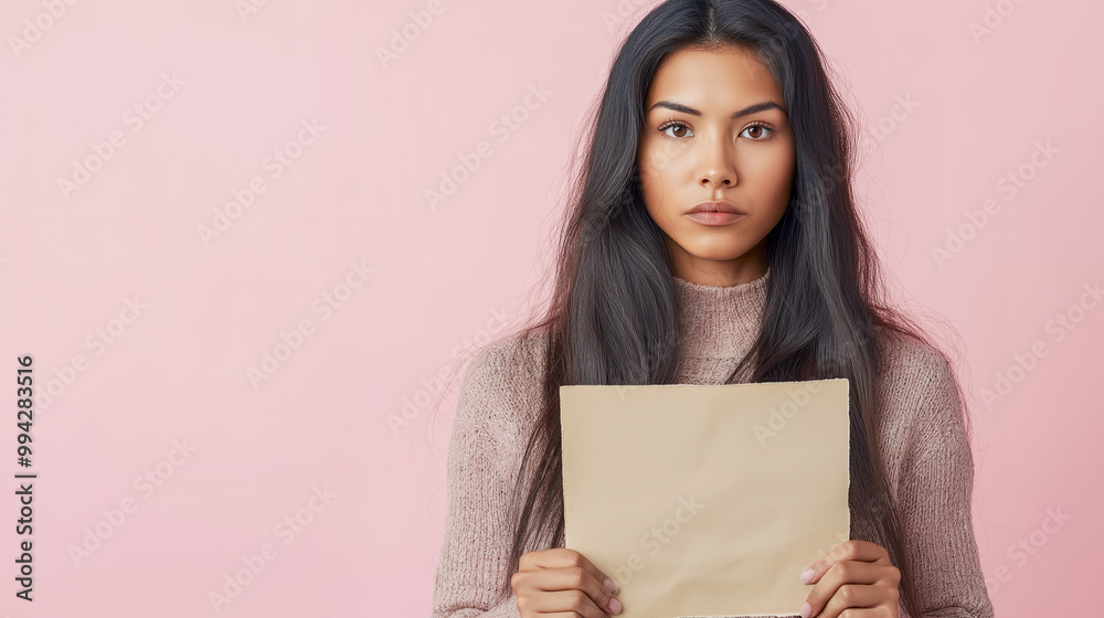 Indigenous woman with a somber expression holding a faded eviction notice, isolated on a pale pink background, representing housing challenges and financial struggles. Indigenous woman with a somber expression holding a faded eviction notice, isolated on a pale pink background, representing housing challenges and financial struggles.