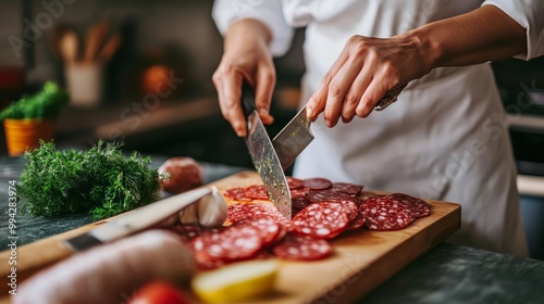 A female cook is standing in the kitchen, chopping salami on a cutting board.