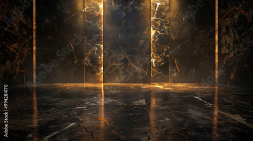 A dark room with a gold and black marble wall. The room is empty and has a mysterious atmosphere