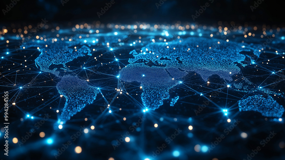 Obraz premium A blue and white image of a globe with many points of light