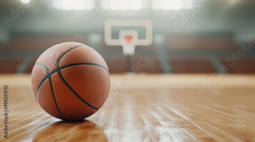 Detailed 3D Render of Basketball on Hardwood Court with Blurred Hoop in Background