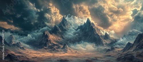 Surreal 3D landscape illustration featuring towering peaks and mountains enveloped in a dramatic cloudy atmosphere