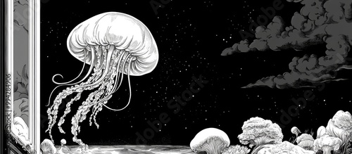 Surreal black and white 2D illustration featuring a jellyfish floating in a window Dreamlike outline cartoon scene background depicting jelly medusa in a monochrome 2d art style photo